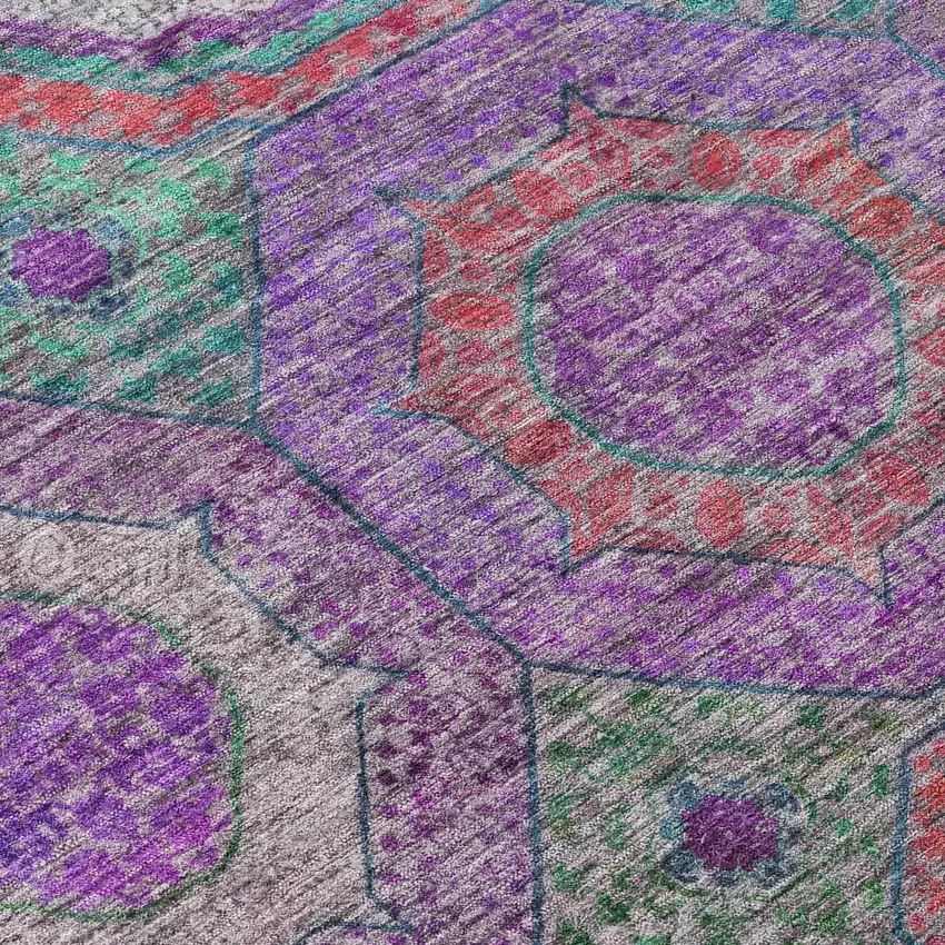 8' Purple Teal Blue And Lime Green Round Geometric Washable Indoor Outdoor Area Rug Photo 8