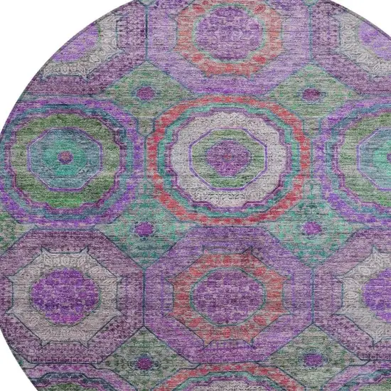 8' Purple Teal Blue And Lime Green Round Geometric Washable Indoor Outdoor Area Rug Photo 4