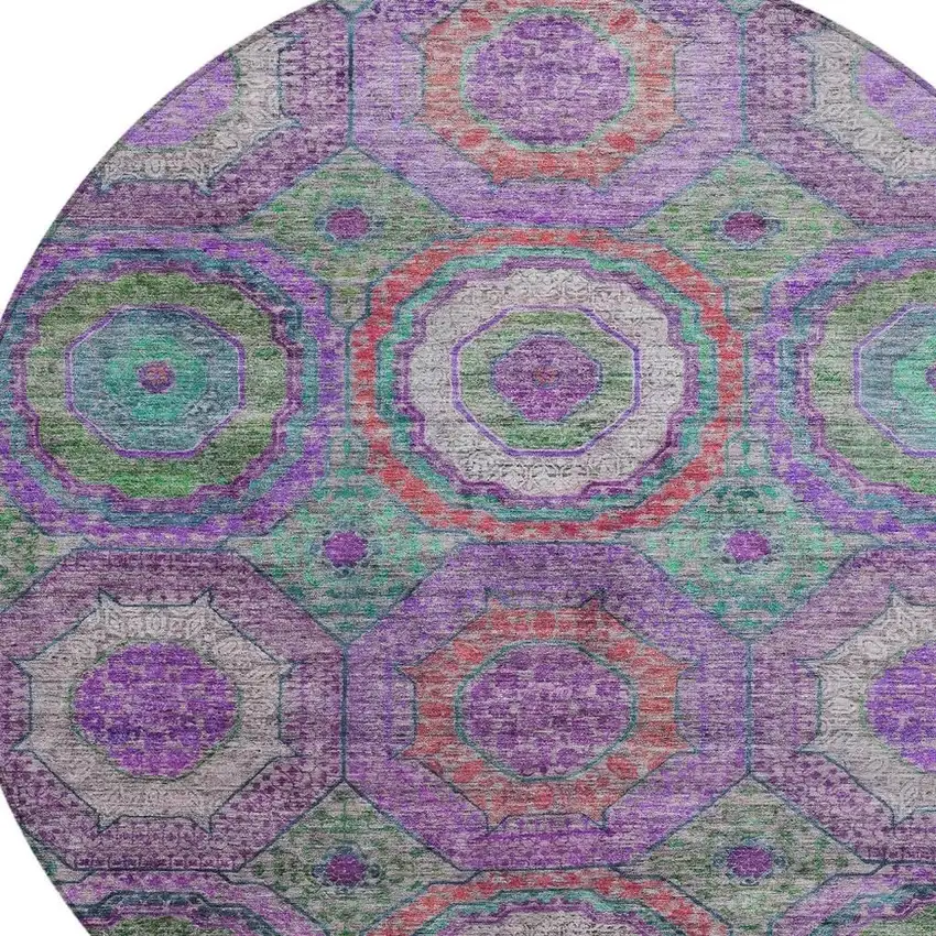 8' Purple Teal Blue And Lime Green Round Geometric Washable Indoor Outdoor Area Rug Photo 4