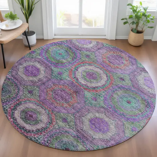 8' Purple Teal Blue And Lime Green Round Geometric Washable Indoor Outdoor Area Rug Photo 5