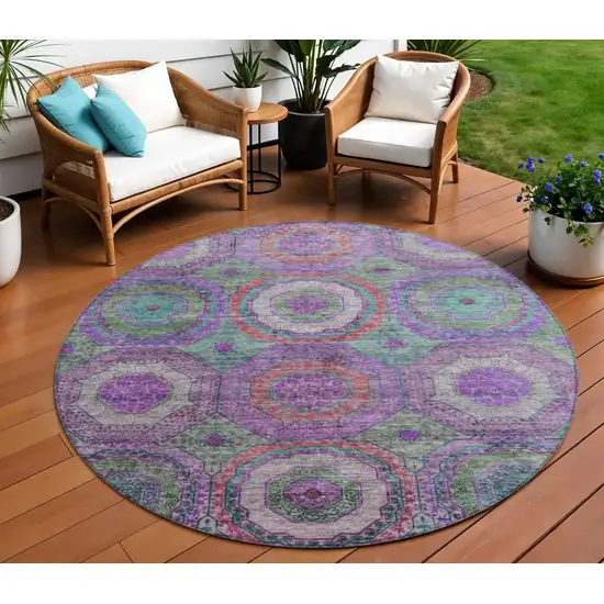 8' Purple Teal Blue And Lime Green Round Geometric Washable Indoor Outdoor Area Rug Photo 2