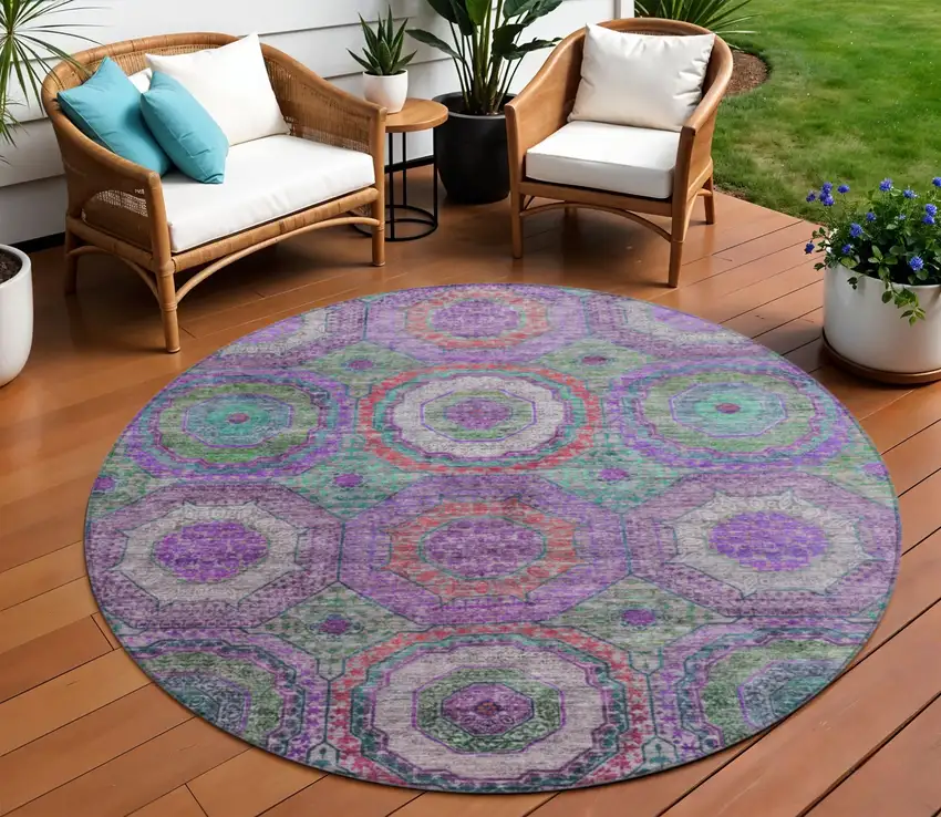 8' Purple Teal Blue And Lime Green Round Geometric Washable Indoor Outdoor Area Rug Photo 2