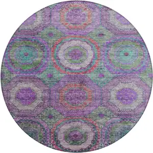 Photo of 8' Purple Teal Blue And Lime Green Round Geometric Washable Indoor Outdoor Area Rug