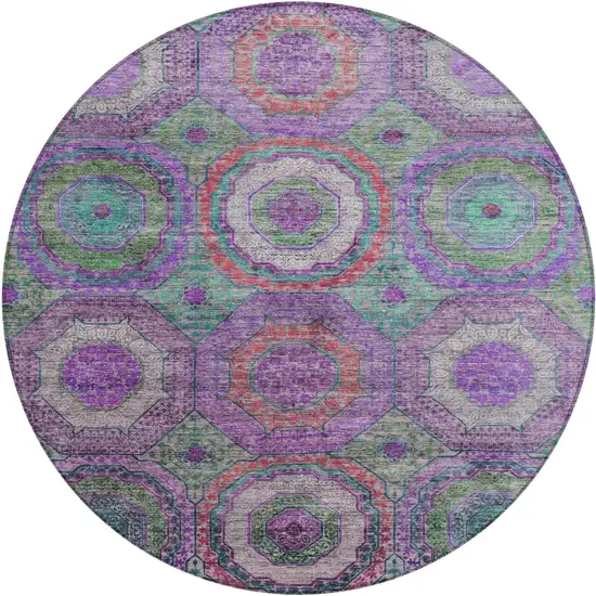 8' Purple Teal Blue And Lime Green Round Geometric Washable Indoor Outdoor Area Rug Photo 1