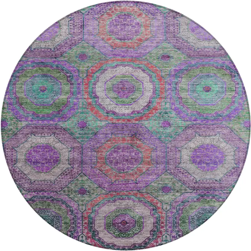 8' Purple Teal Blue And Lime Green Round Geometric Washable Indoor Outdoor Area Rug Photo 1