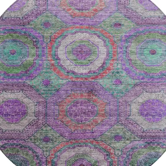 8' Purple Teal Blue And Lime Green Round Geometric Washable Indoor Outdoor Area Rug Photo 9