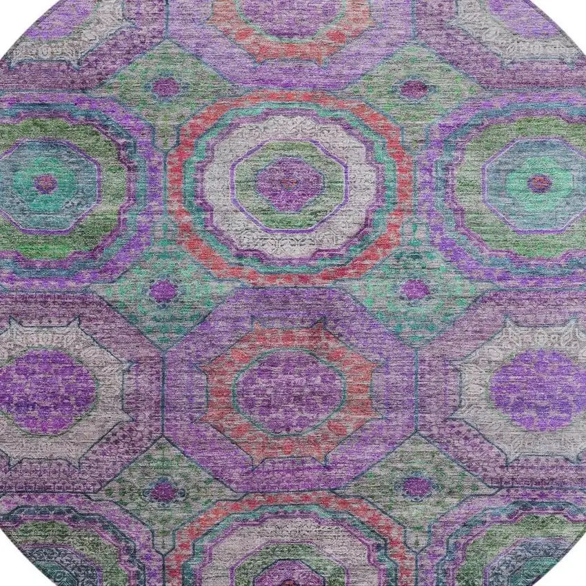8' Purple Teal Blue And Lime Green Round Geometric Washable Indoor Outdoor Area Rug Photo 9