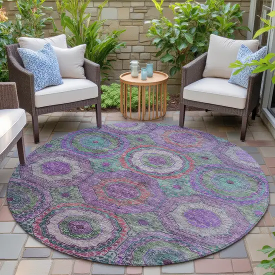 8' Purple Teal Blue And Lime Green Round Geometric Washable Indoor Outdoor Area Rug Photo 6