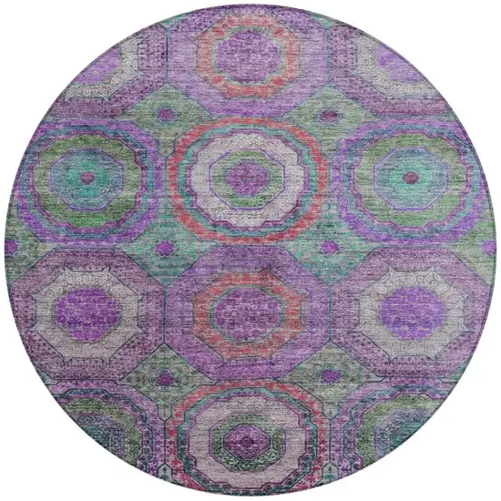 8' Purple Teal Blue And Lime Green Round Geometric Washable Indoor Outdoor Area Rug Photo 3