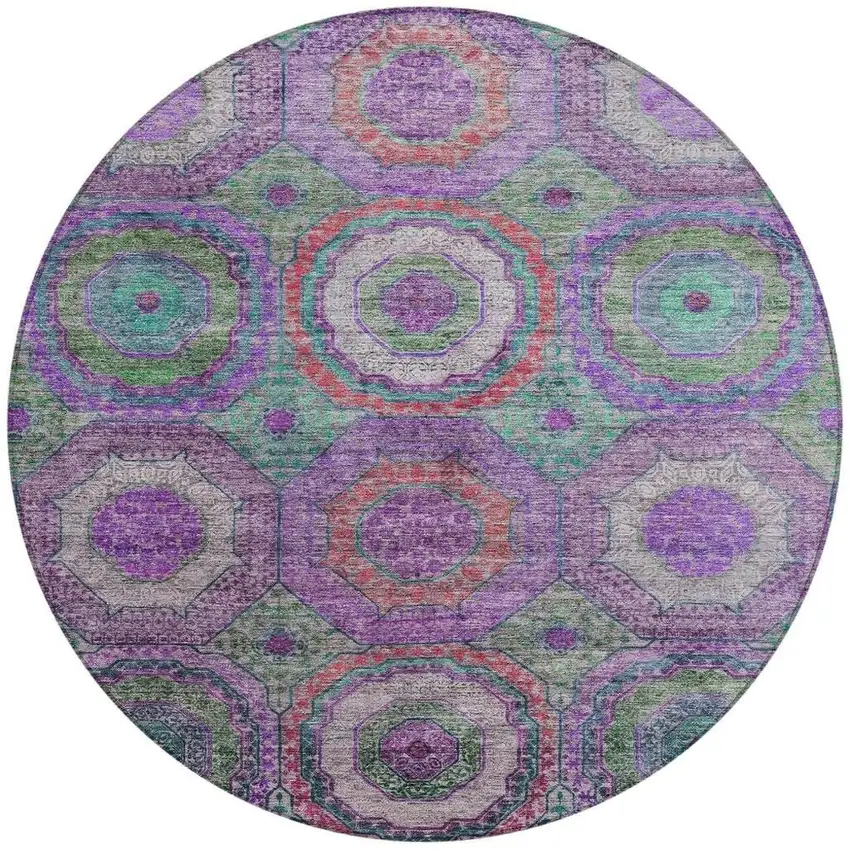 8' Purple Teal Blue And Lime Green Round Geometric Washable Indoor Outdoor Area Rug Photo 3
