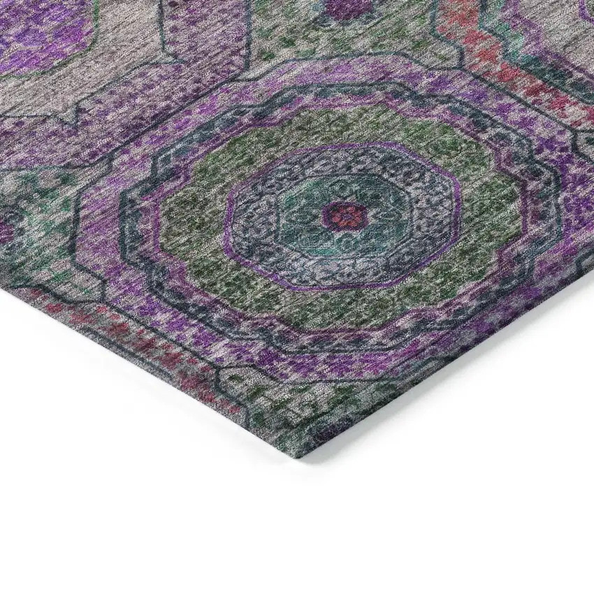 8' Purple Teal Blue And Lime Green Round Geometric Washable Indoor Outdoor Area Rug Photo 7