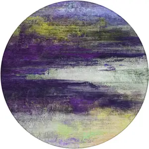 Photo of 8' Purple Yellow And Ivory Round Abstract Washable Indoor Outdoor Area Rug