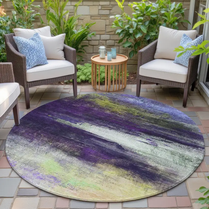 8' Purple Yellow And Ivory Round Abstract Washable Indoor Outdoor Area Rug Photo 6