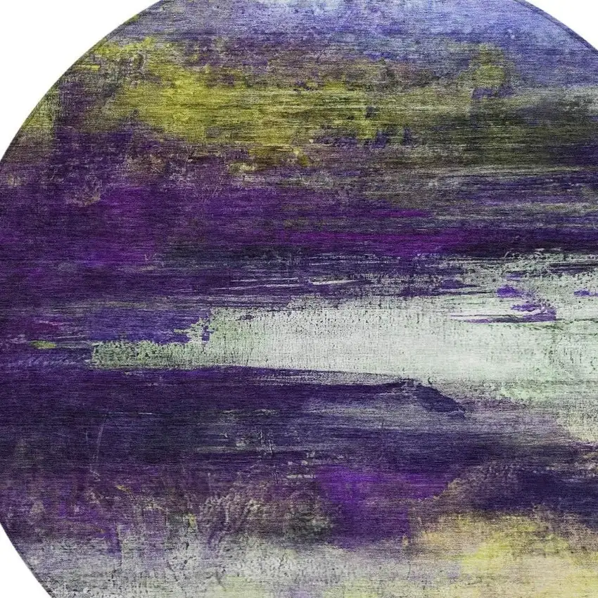 8' Purple Yellow And Ivory Round Abstract Washable Indoor Outdoor Area Rug Photo 8
