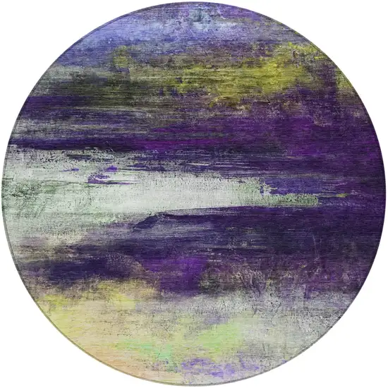 8' Purple Yellow And Ivory Round Abstract Washable Indoor Outdoor Area Rug Photo 3