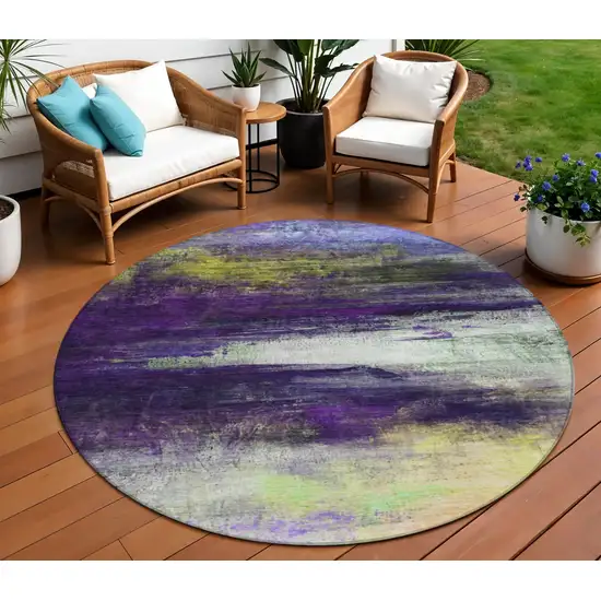 8' Purple Yellow And Ivory Round Abstract Washable Indoor Outdoor Area Rug Photo 2
