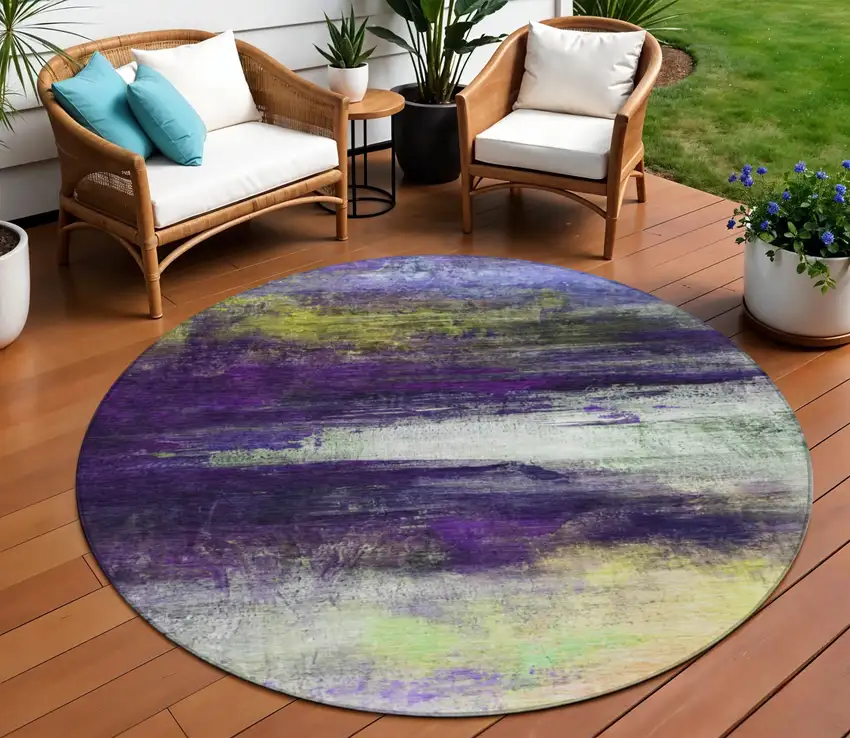8' Purple Yellow And Ivory Round Abstract Washable Indoor Outdoor Area Rug Photo 2