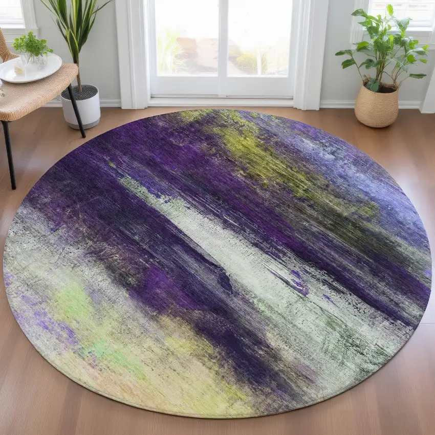 8' Purple Yellow And Ivory Round Abstract Washable Indoor Outdoor Area Rug Photo 5
