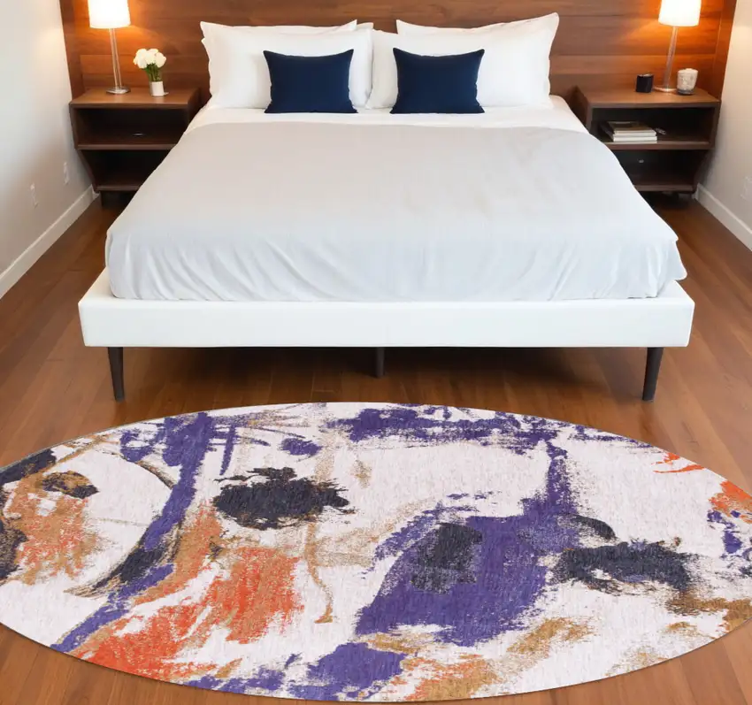 8' Purple and White Round Abstract Non Skid Area Rug Photo 1