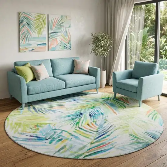 8' Rainbow And Ivory Geometric Washable Round Rug With UV Protection Photo 1