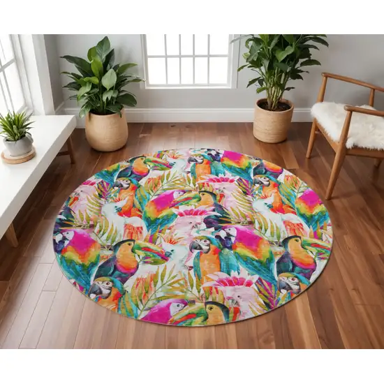 8' Rainbow And Ivory Geometric Washable Round Rug With UV Protection Photo 1