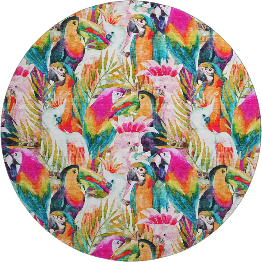 8' Rainbow And Ivory Geometric Washable Round Rug With UV Protection Photo 2