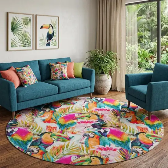 8' Rainbow And Ivory Geometric Washable Round Rug With UV Protection Photo 1