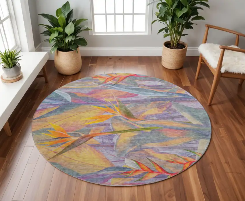 8' Rainbow And Ivory Geometric Washable Round Rug With UV Protection Photo 1