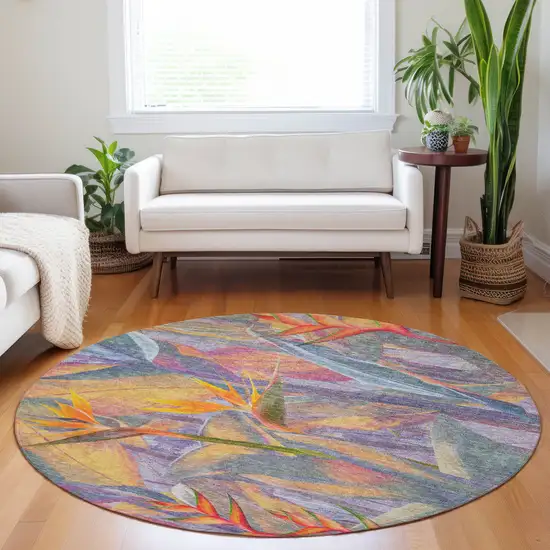 8' Rainbow And Ivory Geometric Washable Round Rug With UV Protection Photo 6