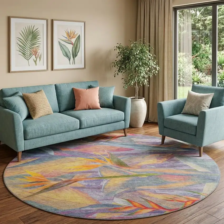 8' Rainbow And Ivory Geometric Washable Round Rug With UV Protection Photo 1