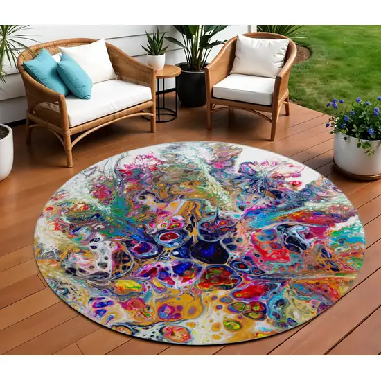 8' Rainbow And Ivory Round Abstract Washable Indoor Outdoor Area Rug Photo 1
