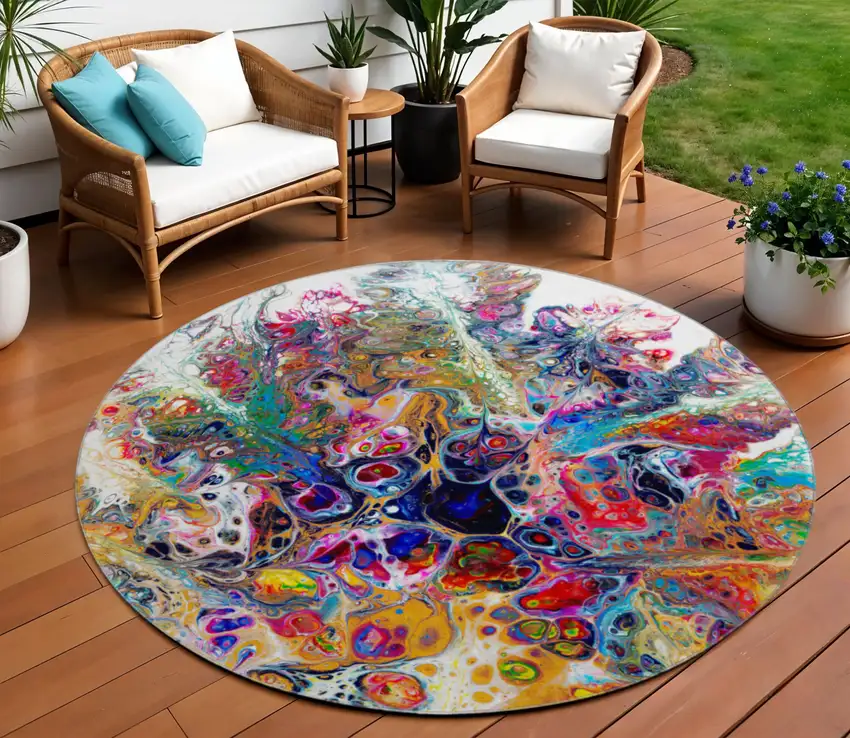 8' Rainbow And Ivory Round Abstract Washable Indoor Outdoor Area Rug Photo 1