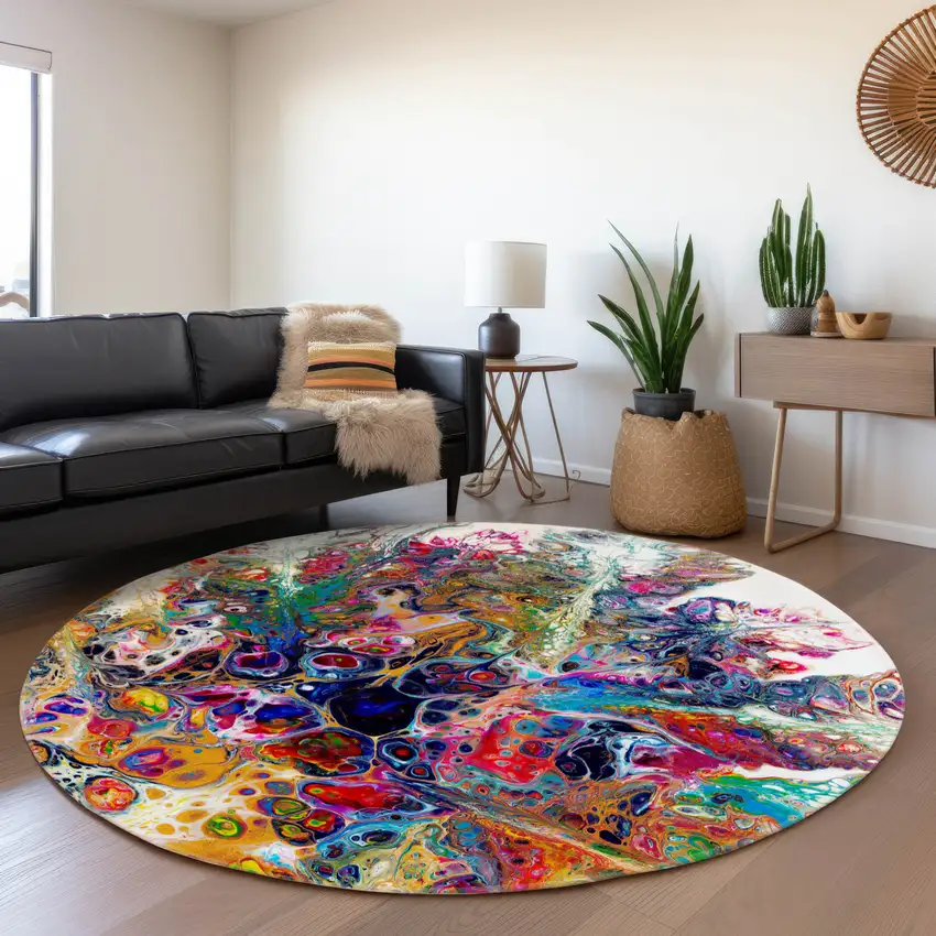8' Rainbow And Ivory Round Abstract Washable Indoor Outdoor Area Rug Photo 8