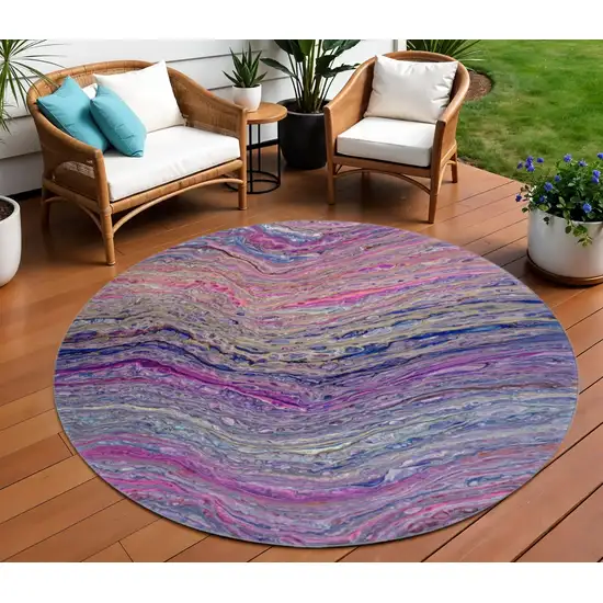 8' Raspberry And Purple Round Abstract Washable Indoor Outdoor Area Rug Photo 1