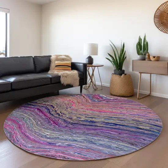 8' Raspberry And Purple Round Abstract Washable Indoor Outdoor Area Rug Photo 7