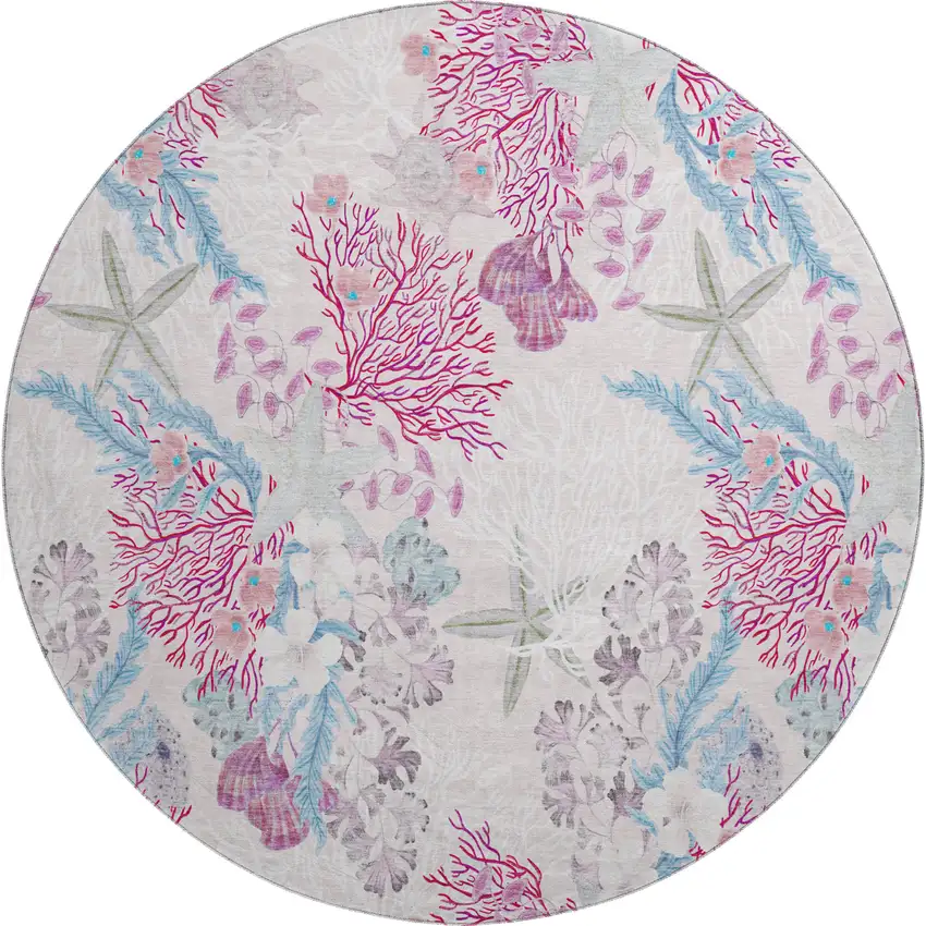8' Raspberry Ivory And Blue Geometric Washable Round Rug With UV Protection Photo 2