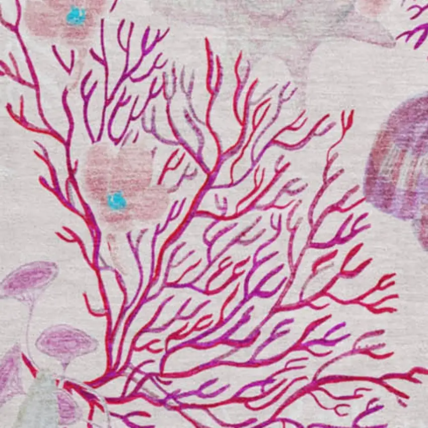 8' Raspberry Ivory And Blue Geometric Washable Round Rug With UV Protection Photo 5