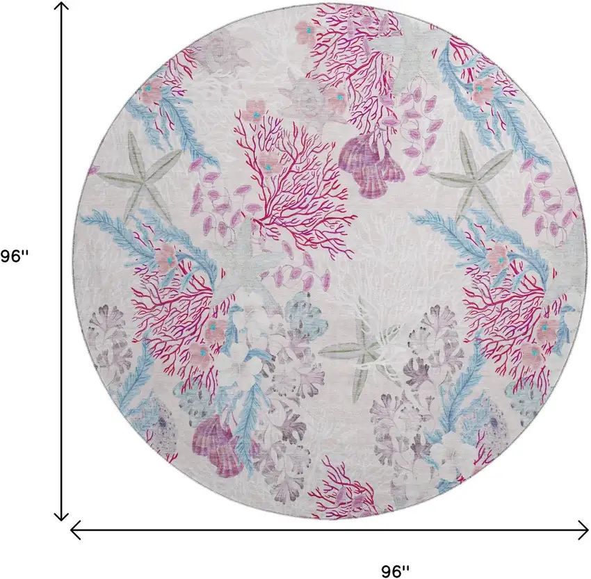 8' Raspberry Ivory And Blue Geometric Washable Round Rug With UV Protection Photo 3