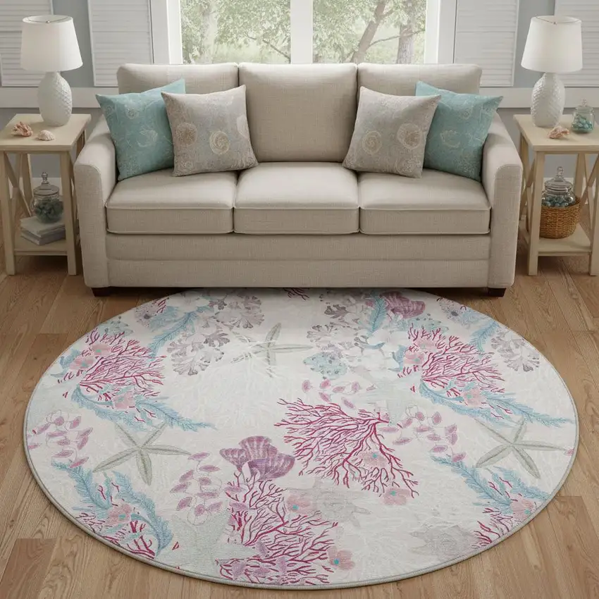 8' Raspberry Ivory And Blue Geometric Washable Round Rug With UV Protection Photo 1