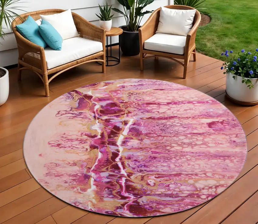 8' Raspberry Ivory And Gold Round Abstract Washable Indoor Outdoor Area Rug Photo 1