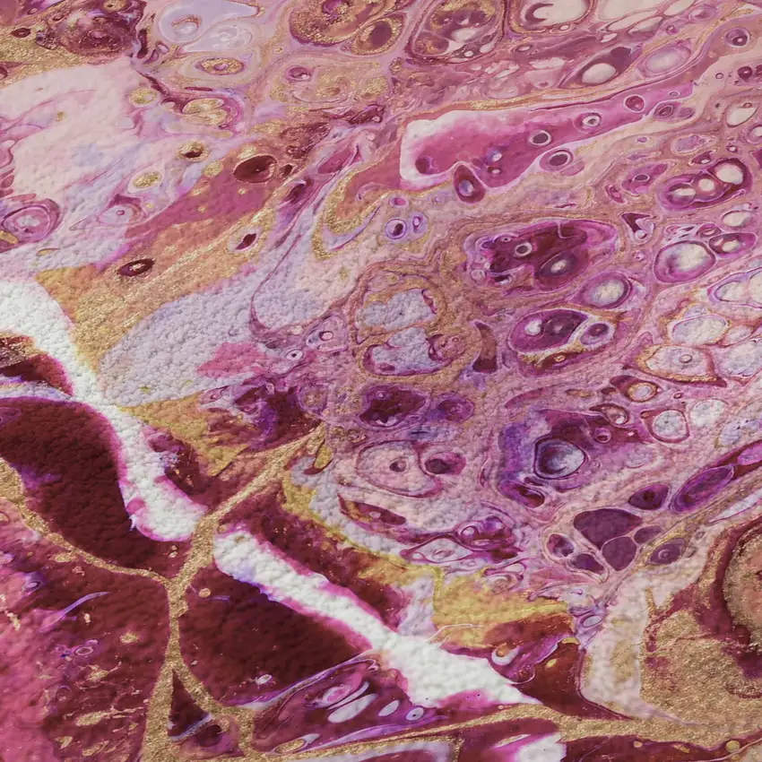 8' Raspberry Ivory And Gold Round Abstract Washable Indoor Outdoor Area Rug Photo 8