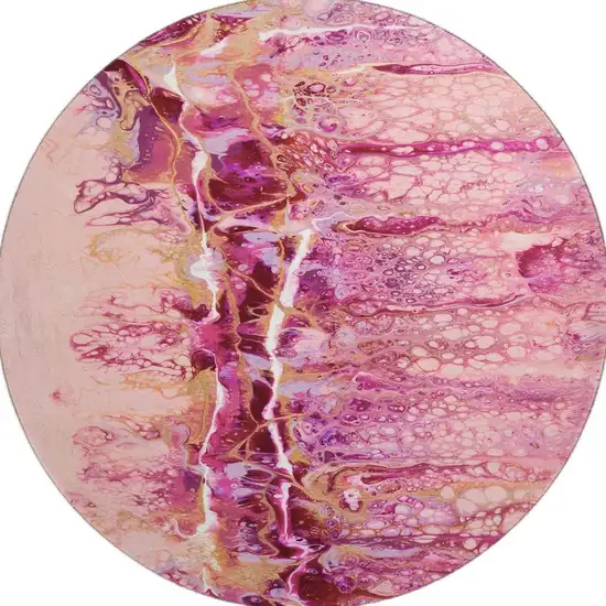 8' Raspberry Ivory And Gold Round Abstract Washable Indoor Outdoor Area Rug Photo 4