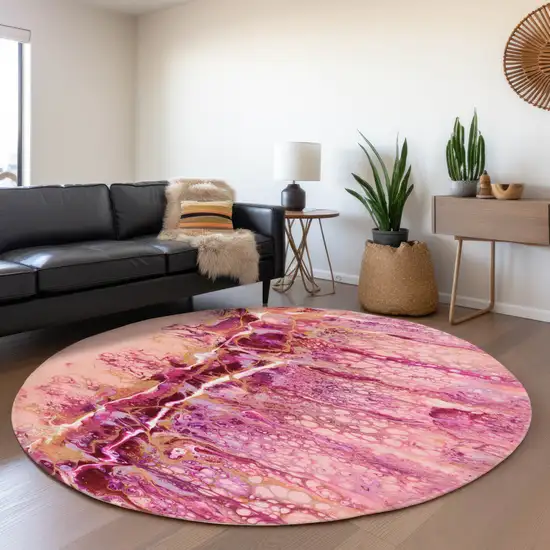 8' Raspberry Ivory And Gold Round Abstract Washable Indoor Outdoor Area Rug Photo 7