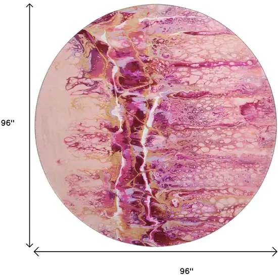 8' Raspberry Ivory And Gold Round Abstract Washable Indoor Outdoor Area Rug Photo 3