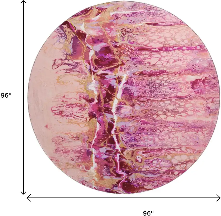 8' Raspberry Ivory And Gold Round Abstract Washable Indoor Outdoor Area Rug Photo 3