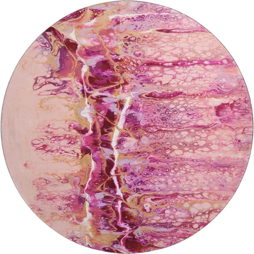 8' Raspberry Ivory And Gold Round Abstract Washable Indoor Outdoor Area Rug Photo 2