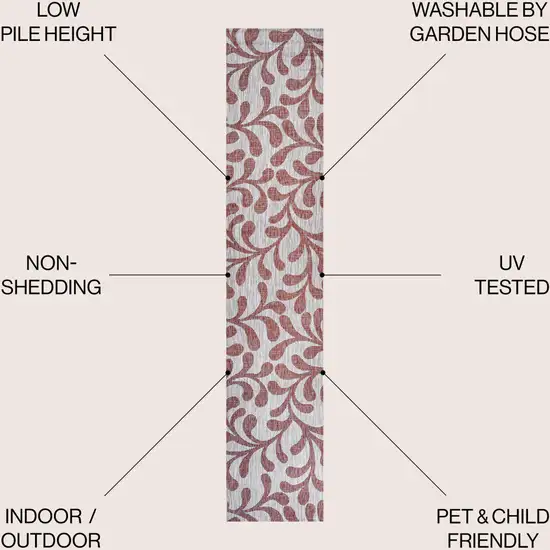 10' Red And Beige Floral Indoor Outdoor Runner Rug Photo 4