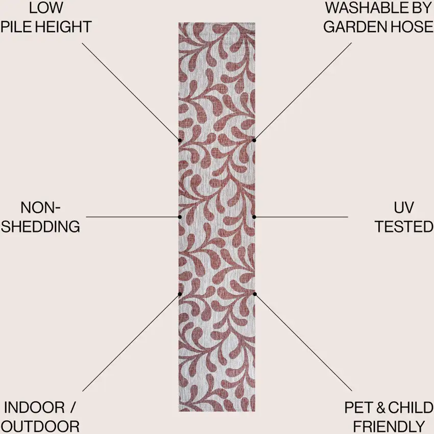 10' Red And Beige Floral Indoor Outdoor Runner Rug Photo 4