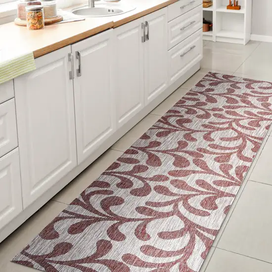 10' Red And Beige Floral Indoor Outdoor Runner Rug Photo 3