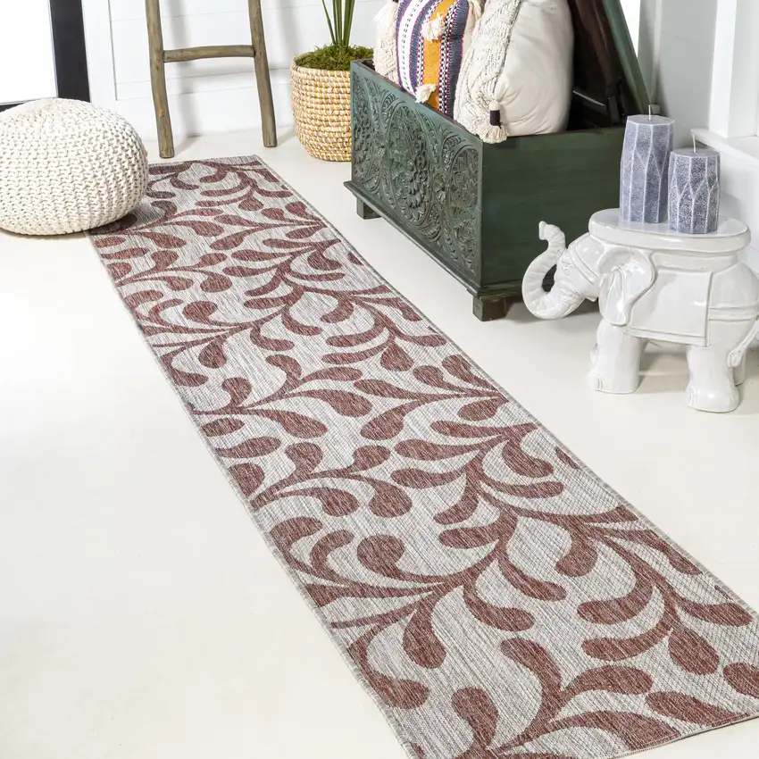 10' Red And Beige Floral Indoor Outdoor Runner Rug Photo 1